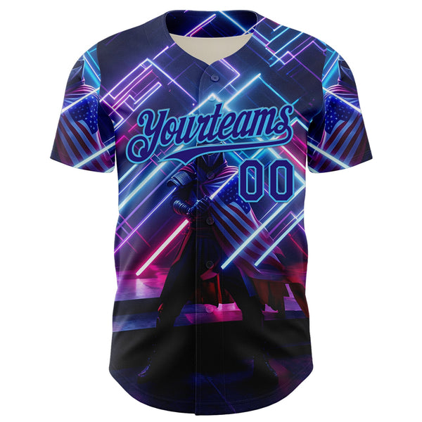 Custom Blue Dark Purple-Sky Blue 3D Pattern Design Outer Space Light Swords American Flag Authentic Baseball Jersey alternate