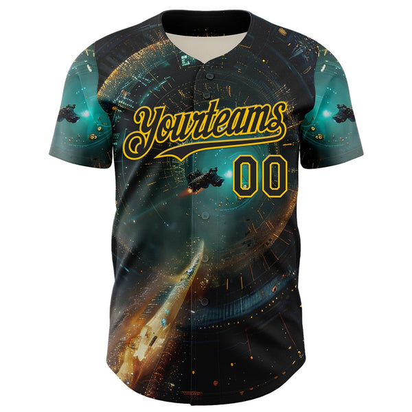 Custom Blue Black-Yellow 3D Pattern Design Outer Space Starships Authentic Baseball Jersey alternate