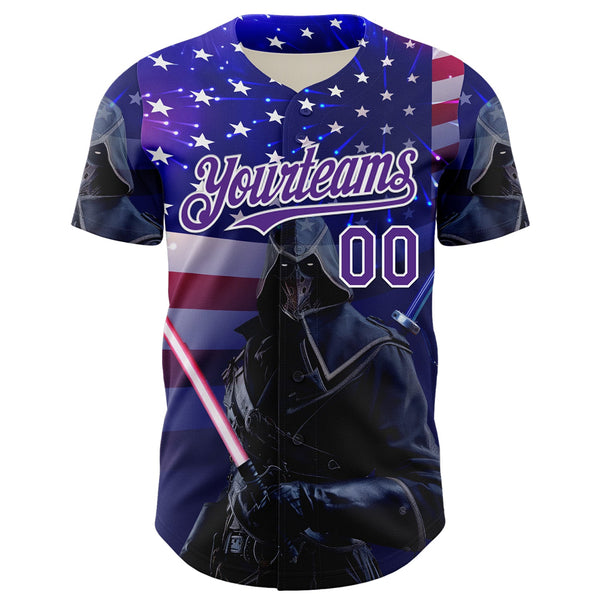 Custom Blue Purple-White 3D Pattern Design Outer Space Light Swords American Flag Authentic Baseball Jersey alternate