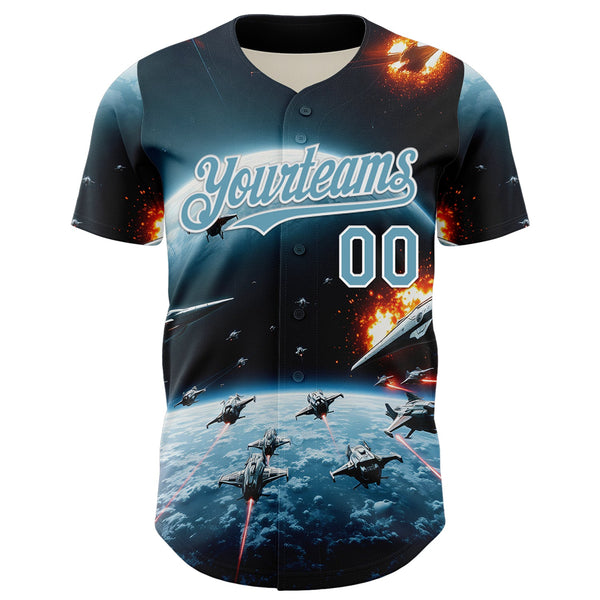 Custom Blue Shadow Blue-White 3D Pattern Design Outer Space Starships Authentic Baseball Jersey alternate