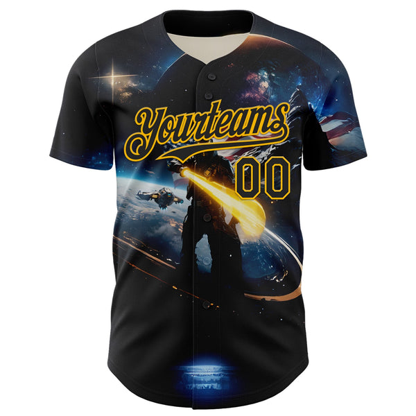 Custom Black Gold 3D Pattern Design Outer Space Light Swords American Flag Authentic Baseball Jersey alternate