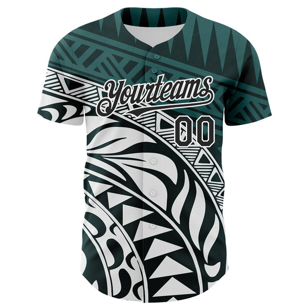 Custom Teal Black-White 3D Polynesian Style Islander Authentic Baseball Jersey alternate