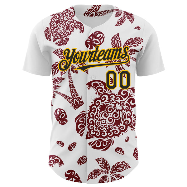 Custom White Black Crimson-Gold 3D Polynesian Style Palm Trees Islander Authentic Baseball Jersey alternate