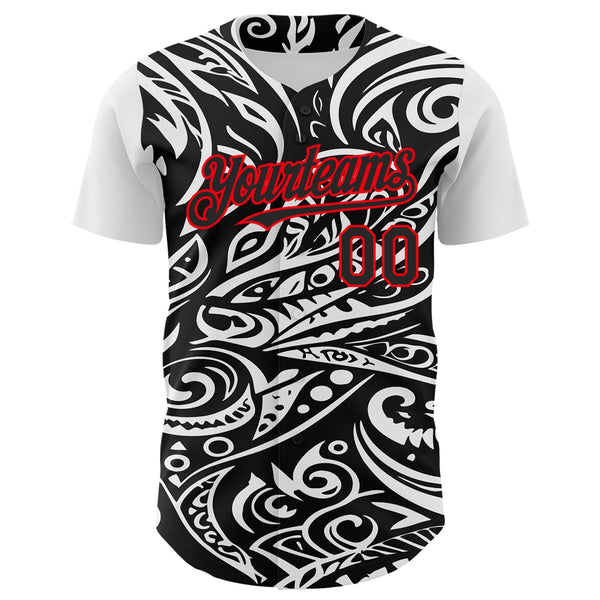 Custom Black White-Fire Red 3D Polynesian Style Islander Authentic Baseball Jersey alternate