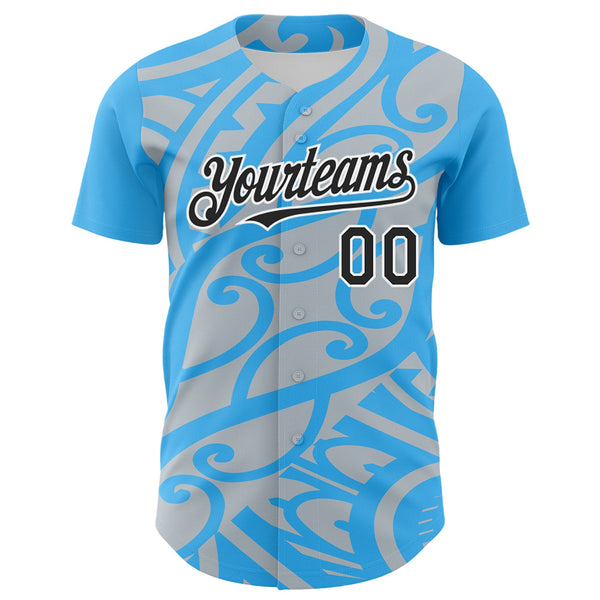 Custom Sky Blue Black Silver-White 3D Polynesian Style Islander Authentic Baseball Jersey alternate