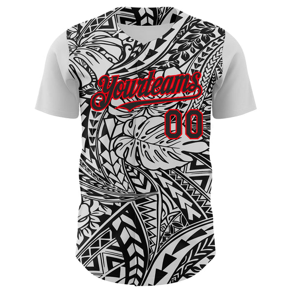 Custom Black White-Fire Red 3D Polynesian Style Islander Authentic Baseball Jersey alternate