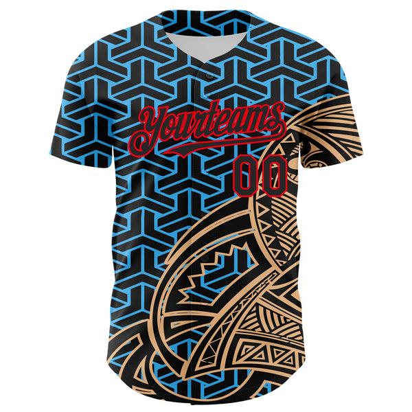 Custom Black Sky Blue Old Gold-Fire Red 3D Polynesian Style Islander Authentic Baseball Jersey alternate