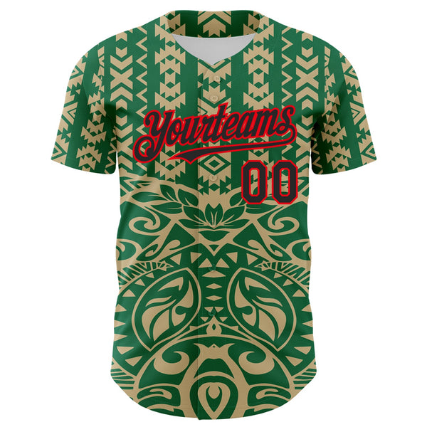 Custom Kelly Green Black Vegas Gold-Fire Red 3D Polynesian Style Islander Authentic Baseball Jersey alternate