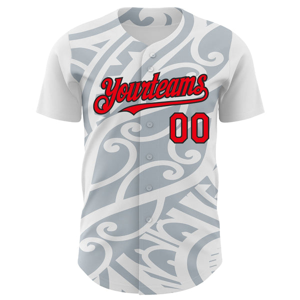 Custom White Fire Red Silver-Black 3D Polynesian Style Islander Authentic Baseball Jersey alternate
