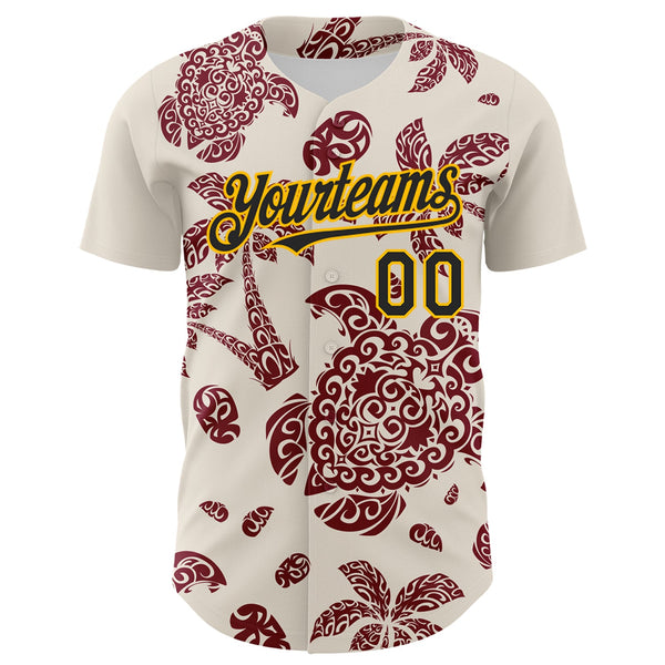 Custom Cream Black Crimson-Gold 3D Polynesian Style Palm Trees Islander Authentic Baseball Jersey alternate