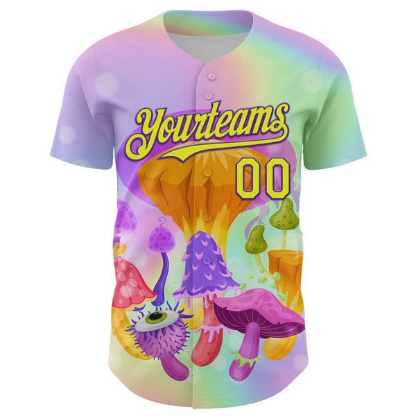 Custom Purple Neon Yellow 3D Pattern Design Trippy Psychedelic Magic Mushrooms Authentic Baseball Jersey alternate