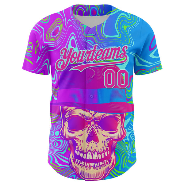 Custom Blue Deep Pink-Ice Blue 3D Pattern Design Trippy Magic Mushrooms Skull Authentic Baseball Jersey alternate
