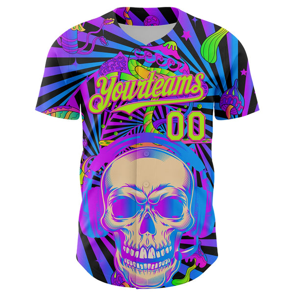 Custom Purple Neon Green-Deep Pink 3D Pattern Design Trippy Magic Mushrooms Skull Authentic Baseball Jersey alternate