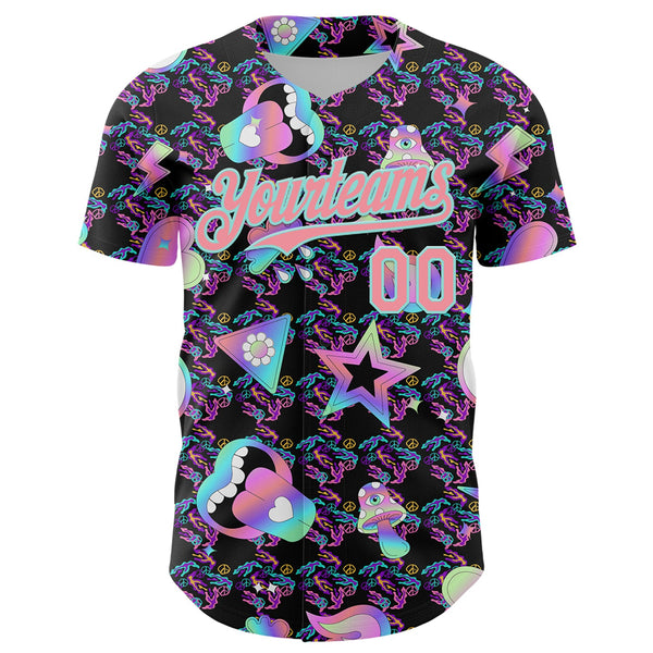 Custom Black Medium Pink-Ice Blue 3D Pattern Design Trippy Magic Mushrooms Peace Sign Authentic Baseball Jersey alternate