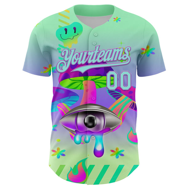 Custom Green Ice Blue-Medium Purple 3D Pattern Design Trippy Magic Mushrooms Acid Authentic Baseball Jersey alternate
