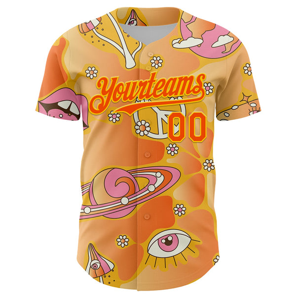 Custom Gold Orange-Yellow 3D Pattern Design Trippy Magic Mushrooms Groove Authentic Baseball Jersey alternate