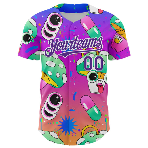 Custom Purple White 3D Pattern Design Trippy Psychedelic Magic Mushrooms Authentic Baseball Jersey alternate