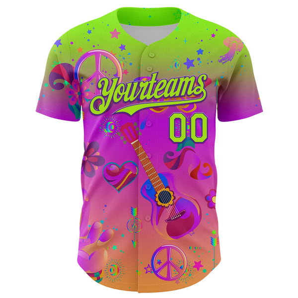 Custom Purple Neon Green 3D Pattern Design Trippy Peace And love Hippie Authentic Baseball Jersey alternate