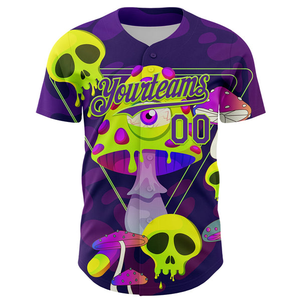 Custom Black Purple-Neon Green 3D Pattern Design Trippy Magic Mushrooms Skull Authentic Baseball Jersey alternate