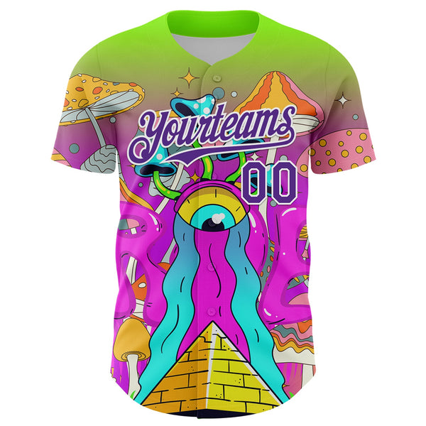 Custom Green Purple-White 3D Pattern Design Trippy Magic Mushrooms Acid Authentic Baseball Jersey alternate