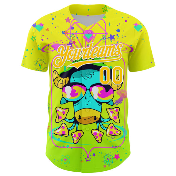Custom Gold Yellow Green-White 3D Pattern Design Trippy Psychedelic Magic Mushrooms Authentic Baseball Jersey alternate