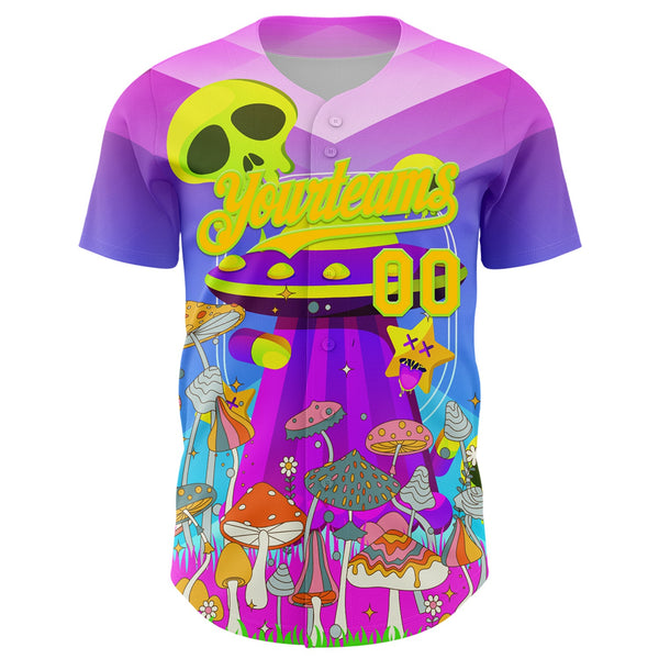 Custom Purple Yellow-Neon Green 3D Pattern Design Trippy Magic Mushrooms Alien Authentic Baseball Jersey alternate