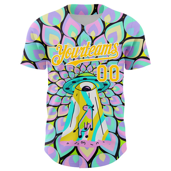 Custom Purple Yellow-White 3D Pattern Design Trippy Magic Mushrooms Alien Authentic Baseball Jersey alternate