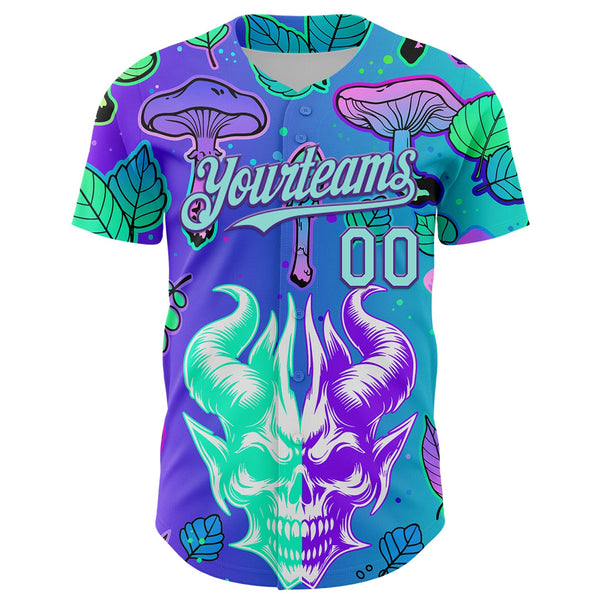 Custom Blue Ice Blue-Purple 3D Pattern Design Trippy Magic Mushrooms Demon Skull Authentic Baseball Jersey alternate