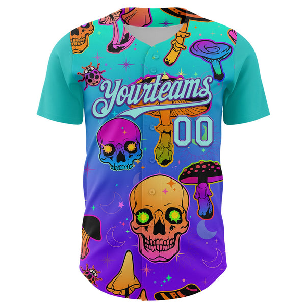 Custom Blue Ice Blue-Purple 3D Pattern Design Trippy Magic Mushrooms Skull Authentic Baseball Jersey alternate