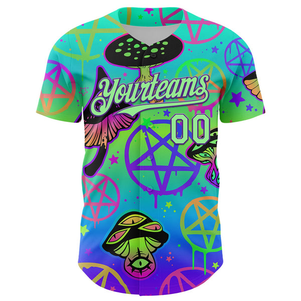 Custom Blue Pea Green-Purple 3D Pattern Design Trippy Magic Mushrooms Pentacle Authentic Baseball Jersey alternate