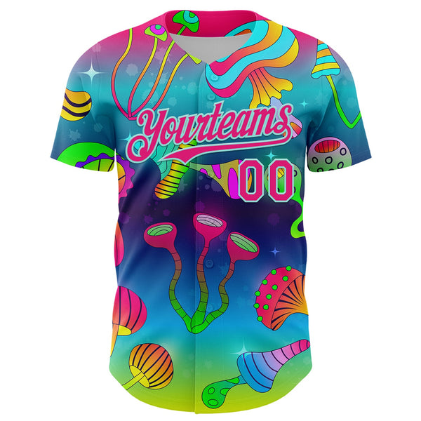 Custom Blue Hot Pink-Ice Blue 3D Pattern Design Trippy Psychedelic Magic Mushrooms Authentic Baseball Jersey alternate