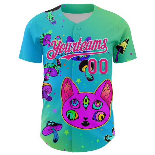 Custom Green Hot Pink-Ice Blue 3D Pattern Design Trippy Magic Mushrooms Cats Authentic Baseball Jersey alternate