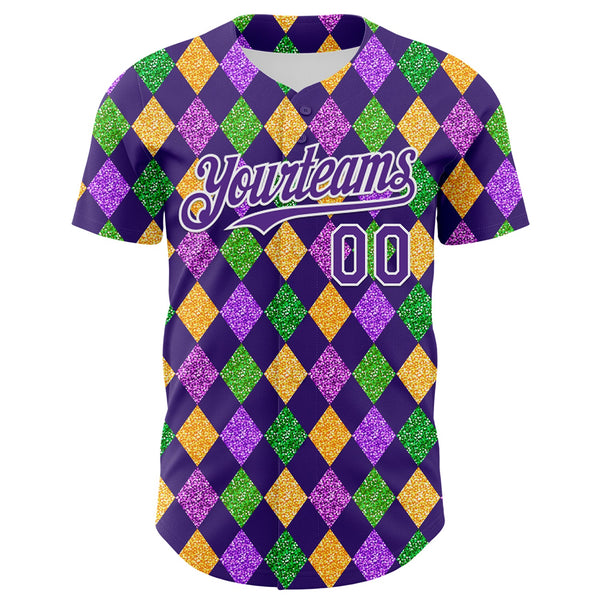 Custom Purple White 3D Pattern Design Mardi Gras Shrove Tuesday Authentic Baseball Jersey alternate