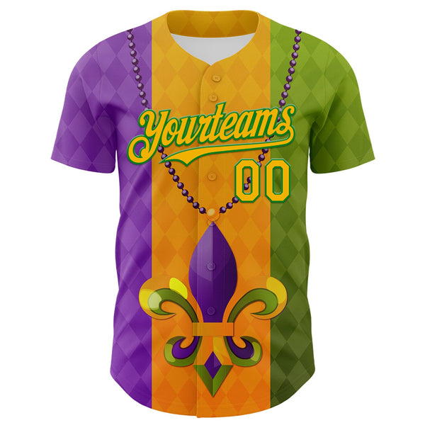 Custom Purple Gold-Grass Green 3D Pattern Design Mardi Gras Shrove Tuesday Authentic Baseball Jersey alternate