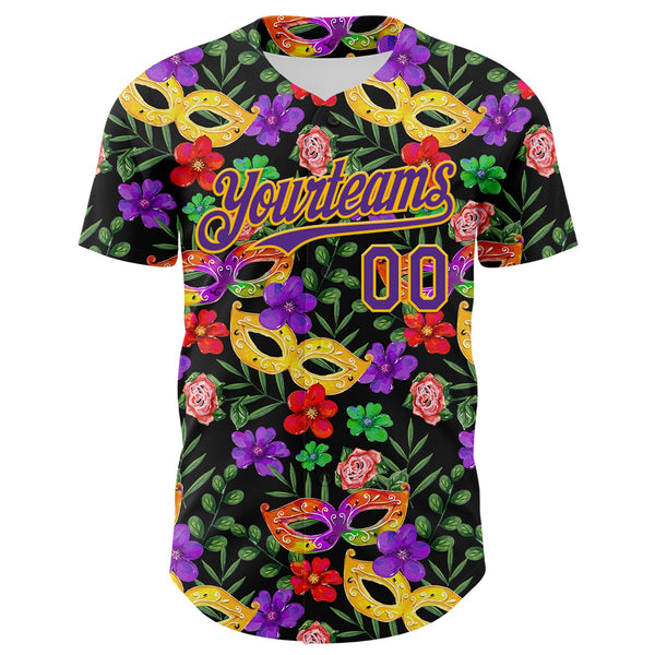 Custom Black Purple-Gold 3D Pattern Design Mardi Gras Shrove Tuesday Authentic Baseball Jersey alternate