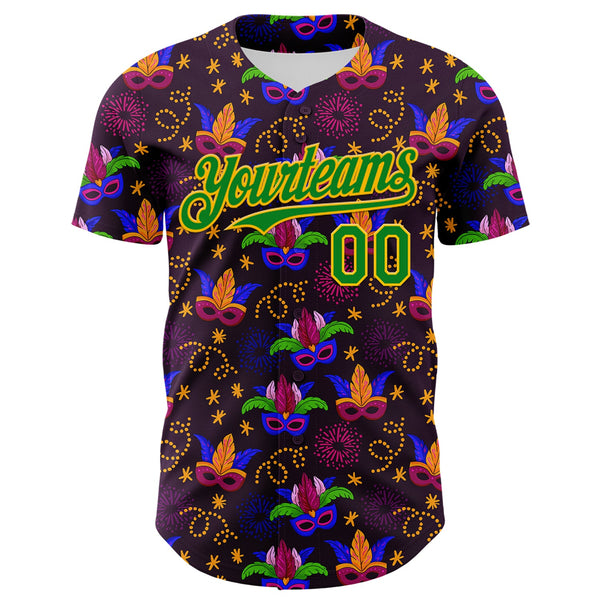 Custom Purple Grass Green-Gold 3D Pattern Design Mardi Gras Shrove Tuesday Authentic Baseball Jersey alternate