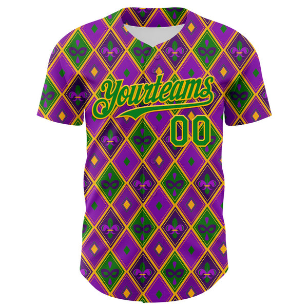 Custom Purple Grass Green-Gold 3D Pattern Design Mardi Gras Shrove Tuesday Authentic Baseball Jersey alternate