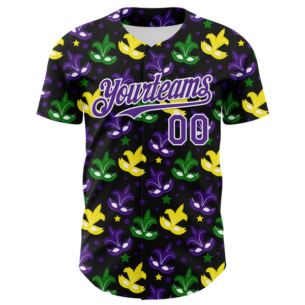Custom Black Purple-White 3D Pattern Design Mardi Gras Shrove Tuesday Authentic Baseball Jersey alternate