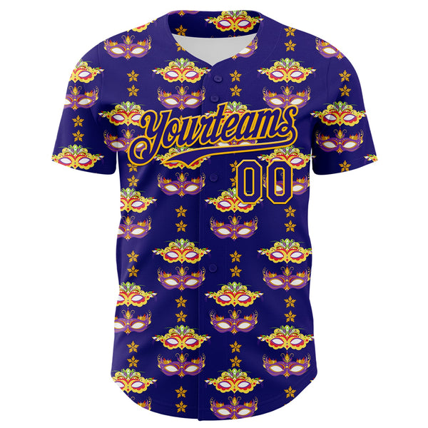 Custom Dark Purple Gold 3D Pattern Design Mardi Gras Shrove Tuesday Authentic Baseball Jersey alternate