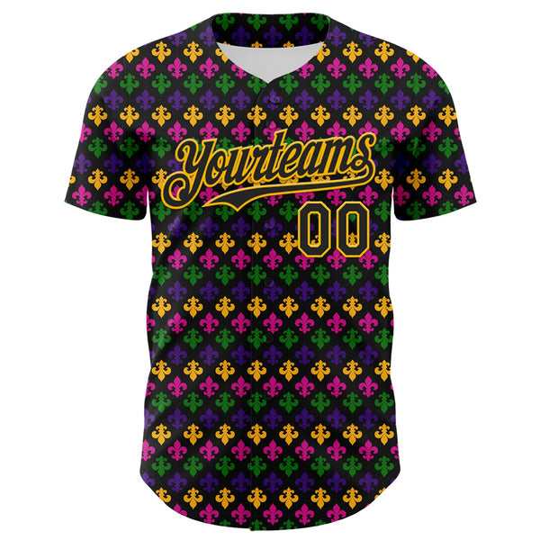 Custom Black Gold 3D Pattern Design Mardi Gras Shrove Tuesday Authentic Baseball Jersey alternate