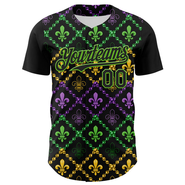 Custom Black Aurora Green 3D Pattern Design Mardi Gras Shrove Tuesday Authentic Baseball Jersey alternate