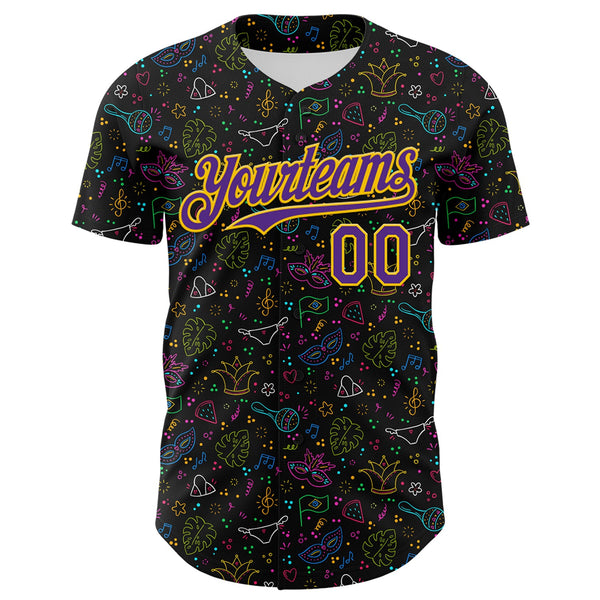 Custom Black Purple-Gold 3D Pattern Design Mardi Gras Shrove Tuesday Authentic Baseball Jersey alternate