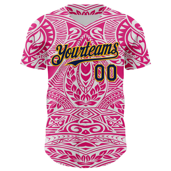 Custom Hot Pink Navy-Gold 3D Pattern Design Burner Costumes Ethnic Floral Authentic Baseball Jersey alternate