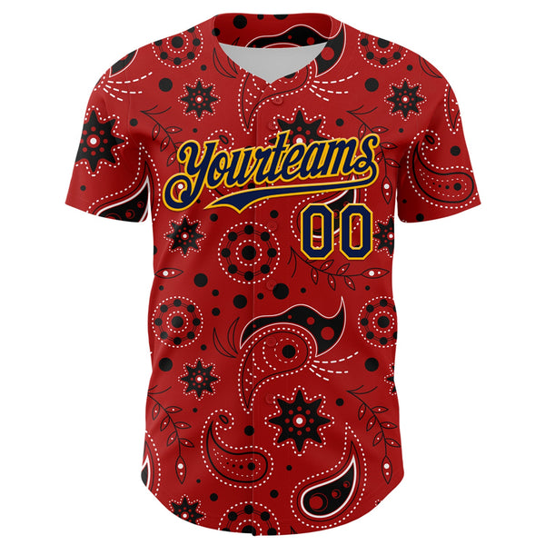 Custom Red Navy-Gold 3D Pattern Design Burner Costumes Paisley Bandana Authentic Baseball Jersey alternate