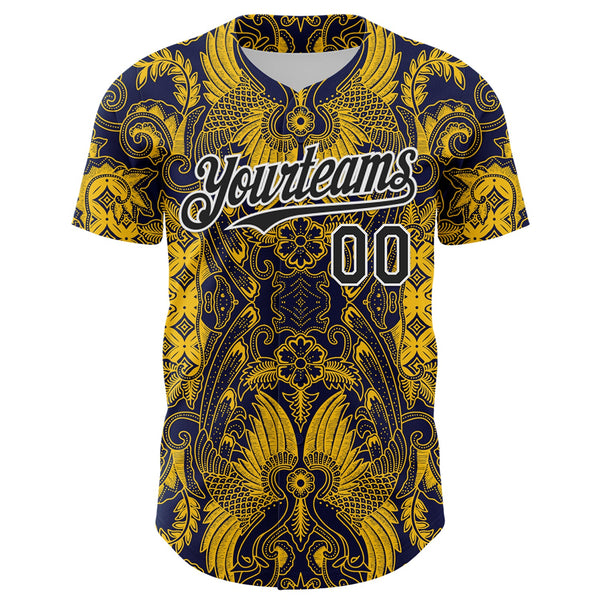 Custom Navy Black Yellow-White 3D Pattern Design Burner Costumes Paisley Authentic Baseball Jersey alternate