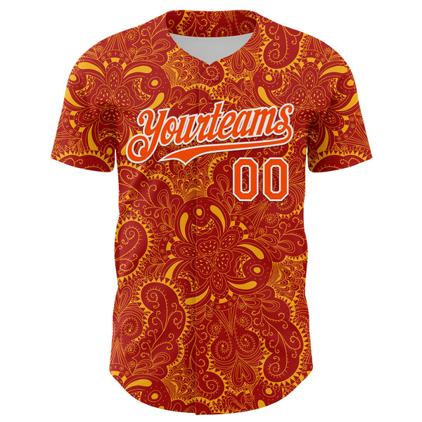 Custom Red Orange Gold-White 3D Pattern Design Burner Costumes Paisley Authentic Baseball Jersey alternate