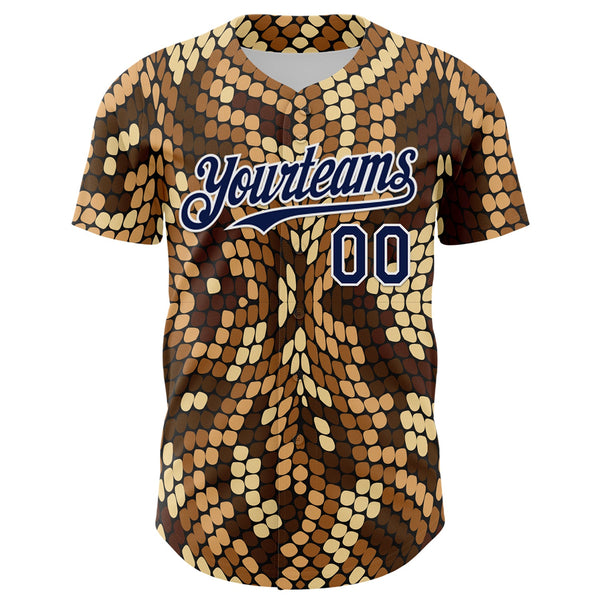 Custom Brown Navy-White 3D Pattern Design Burner Costumes Snake Print Authentic Baseball Jersey alternate
