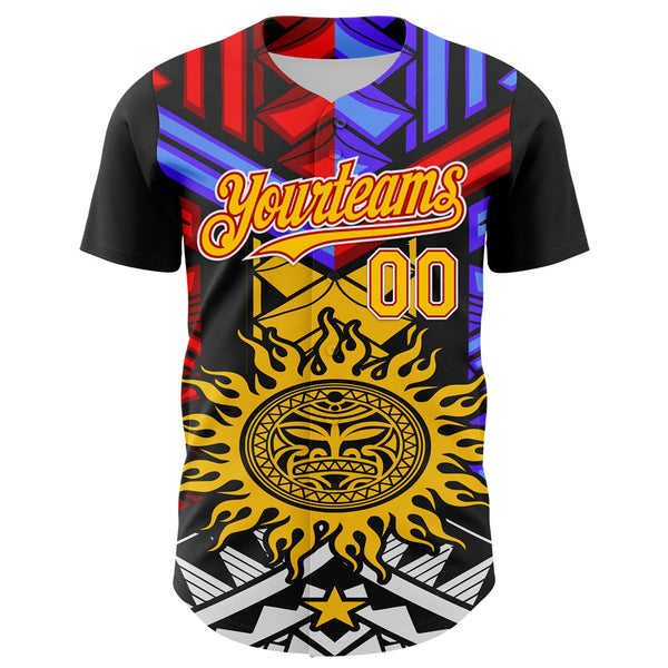 Custom Black Yellow Red-White 3D Pattern Design Rave Party Sun Tribal Authentic Baseball Jersey alternate