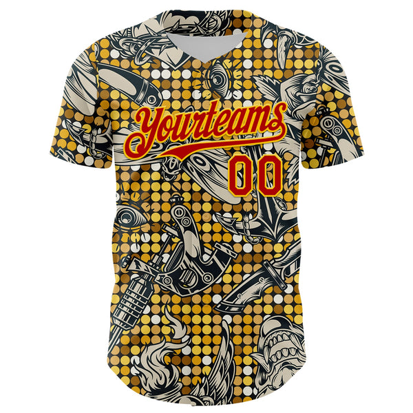 Custom Black Red-Yellow 3D Pattern Design Rave Party Tattoos Disco Authentic Baseball Jersey alternate