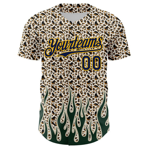 Custom Cream Navy-Gold 3D Pattern Design Rave Party Animal Leopard Print Authentic Baseball Jersey alternate